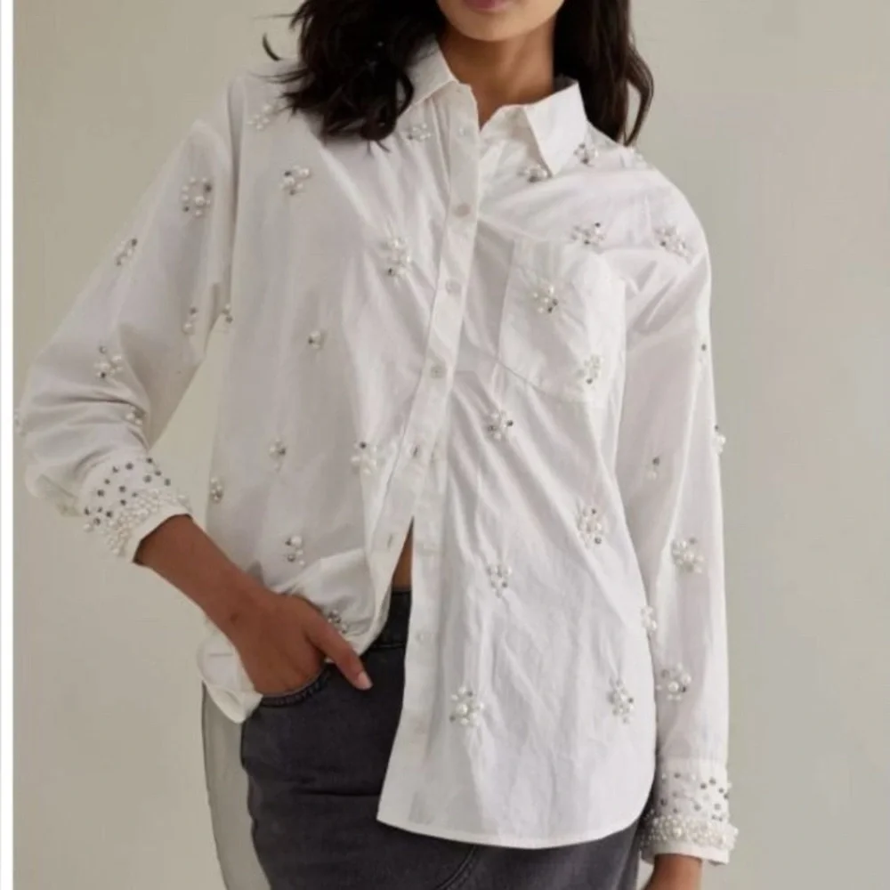NWT Maeve Anthropologie Shirt Women's Large Bennet Pearl Embellished White - Picture 1 of 11